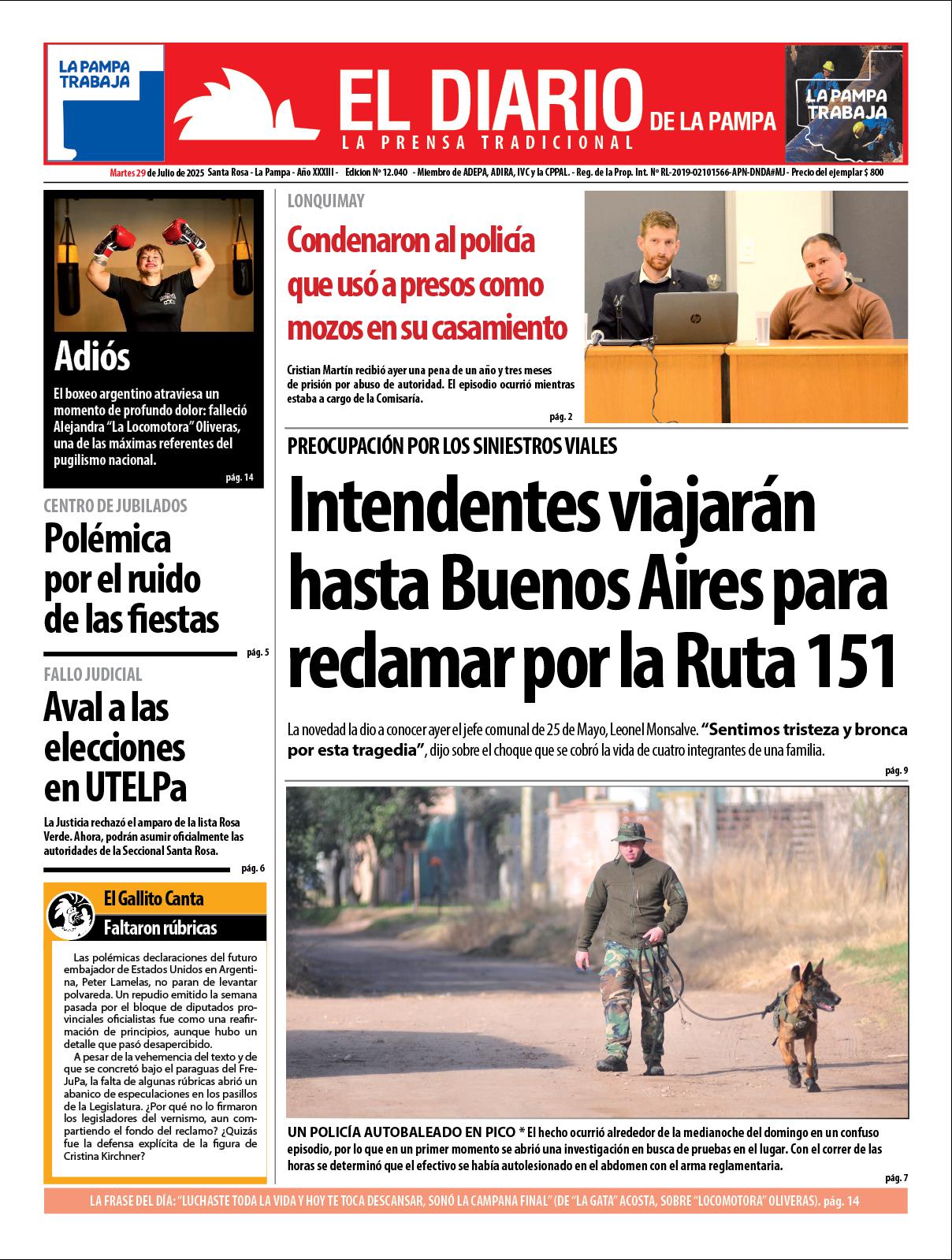 Tapa de El Diario en papel  martes 29 de julio de 2025